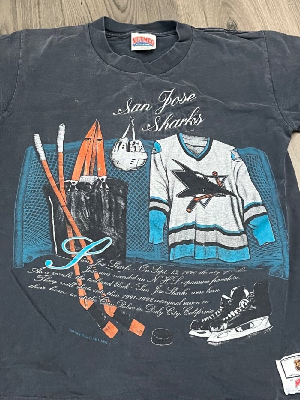1991 San Jose Sharks Hockey T-shirt Nutmeg Inaugural Season Commemorative M Vtg - Picture 3 of 10